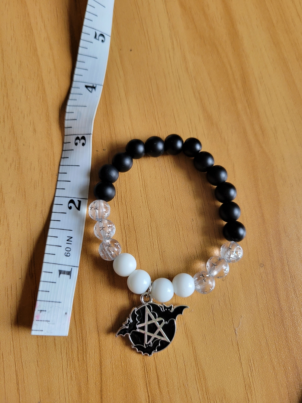 Hand Crafted Black White and Clear Beaded Bracelet with Pentagram Bat Charm